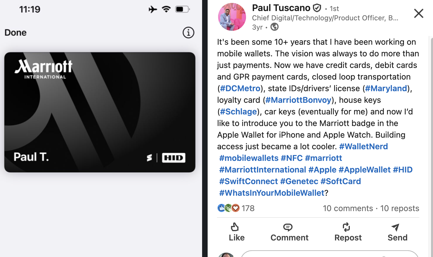 Marriott’s Chief Digital, Technology & Product Officer introducing the Marriott badge in Apple Wallet on LinkedIn — “building access just became a lot cooler.”